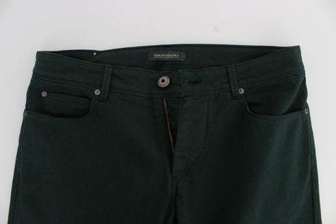 Green Cotton Denim Stretch Straight Fit Jeans