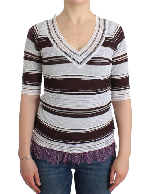 Striped Lace V-Neck Short Sleeve Top Sweater