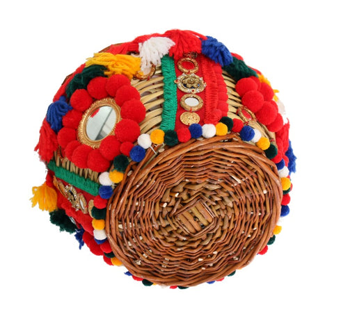 Multicolor AGNESE Straw Crystal Pom Pom Bag