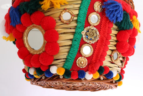 Multicolor AGNESE Straw Crystal Pom Pom Bag