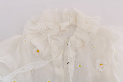 White Daisy Applique Silk Shirt