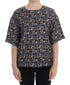 Gray Gold Key Print Silk Blouse T-shirt